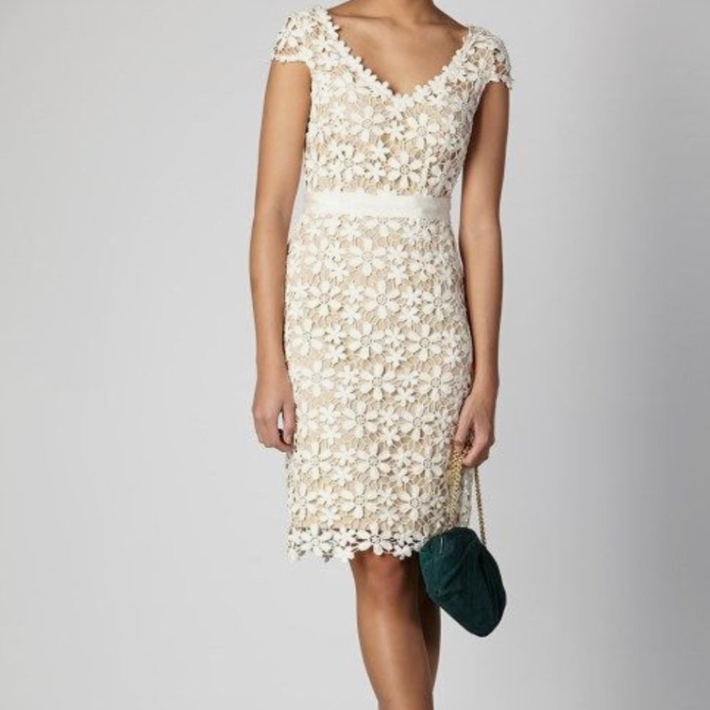 Ivory Floral Lace Midi Dress with V‑Neck